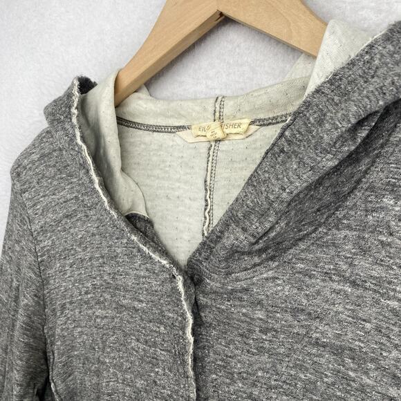 EILEEN FISHER Sweater S Cotton Double Layer Button Up Cardigan Hoodie Gray - Picture 2 of 14